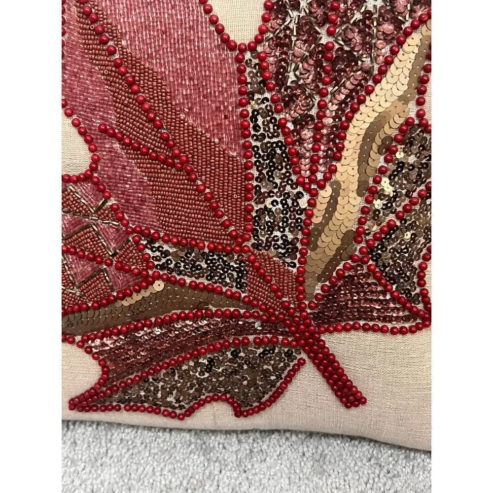 Pier 1 Linen Blend Beaded Sequin Leave Design Pillows 14x14 Set of 2 - Picture 3 of 10